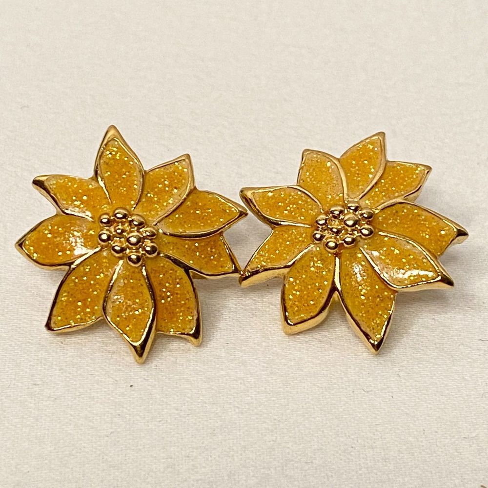 💎Art Nouveau Earrings Orchid Flower Frosty Yellow Clip On